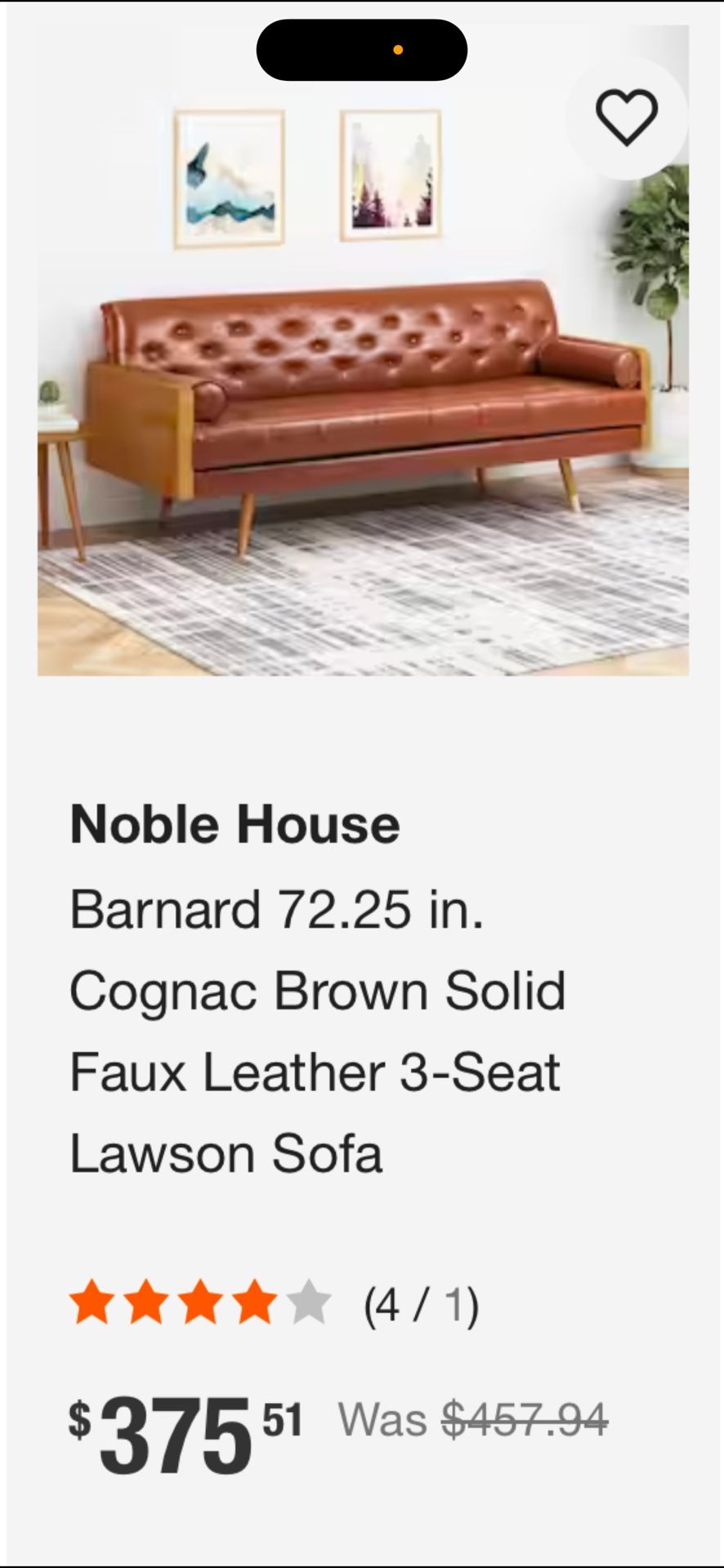 Noble House Barnard 72.25 in. Cognac Brown Solid Faux Leather 3-Seat Lawson Sofa