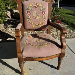Antique floral upholstered needlepoint parlor chair 