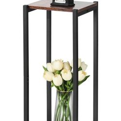 Tall Plant Stand Indoor,31 Inch Plant Stands,2 Tier Metal Plant Stand with Heavy Duty Wood,Rustic Brown and Black