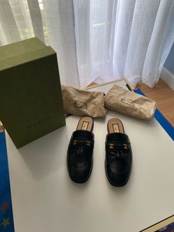 100 % Auth. GUCCI Web Interlocking G Tassel Mule Black Leather Size 38.5 $600