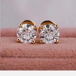 2.50 Carat Total Weight Round Lab Grown Diamond Stud Earrings Yellow Gold 14k AGI Certified - BRAND NEW