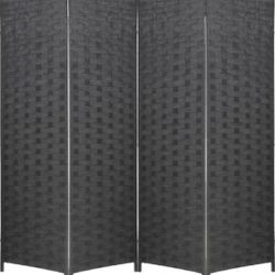 Room Divider 6FT Wall Divider Wood Screen 4 Panels Wood Mesh Hand-Woven Design, BLACK