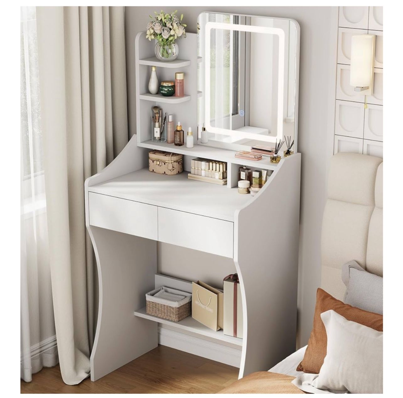 Brand New In The Box- Vanity Desk with Mirror and Lights, Small Makeup Vanity Desk with Three Shelves, White Vanity with Storage Drawers, Bedroom