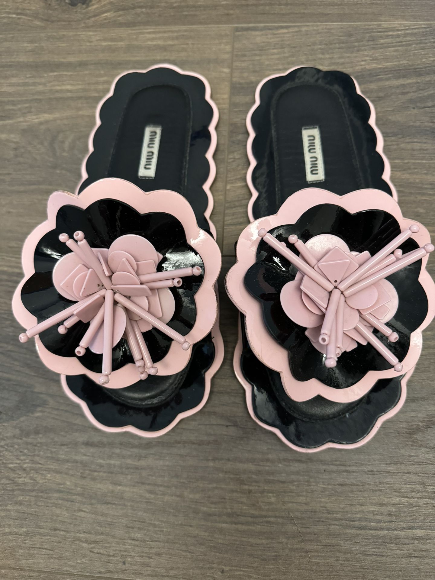 Flip Flop Black Pink Flat Slide Sandals Pattent Leather Size 37