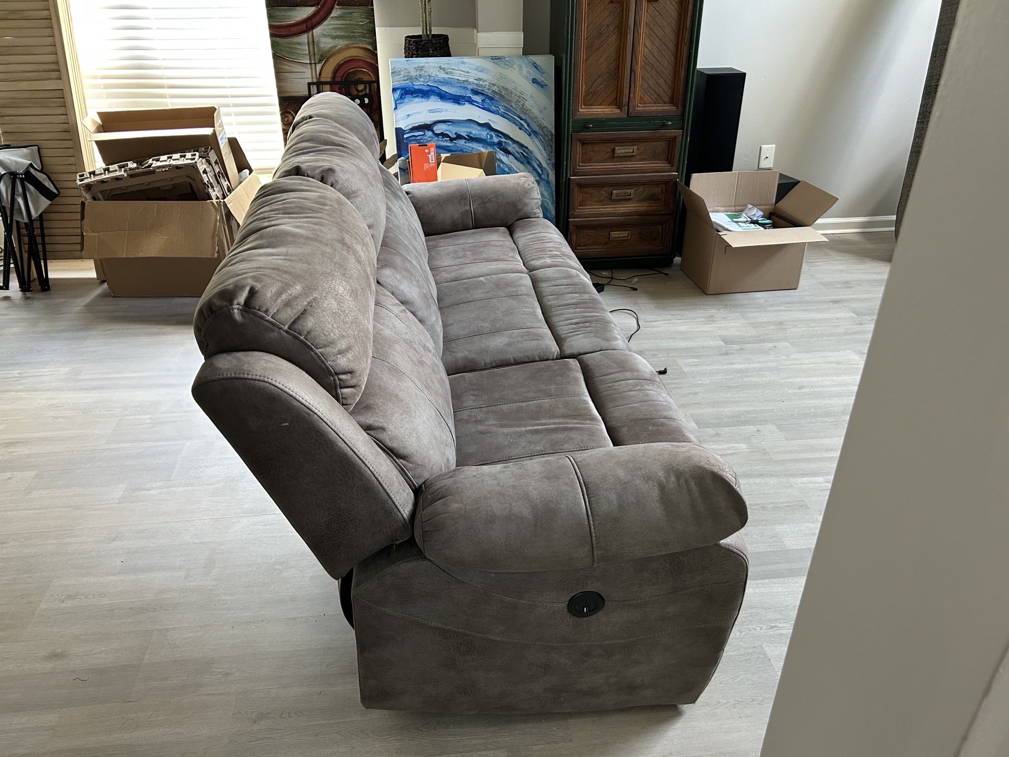 Gray Microfiber Electric Reclining Sofa & Chair