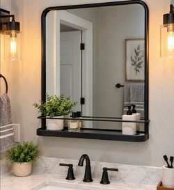 VASUHOME Black Bathroom Mirror with Shelf 21x27 – Open Box