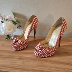 Women's Christian Louboutin Red White Checkered Fabric Designer Pump Heels Size 6 US