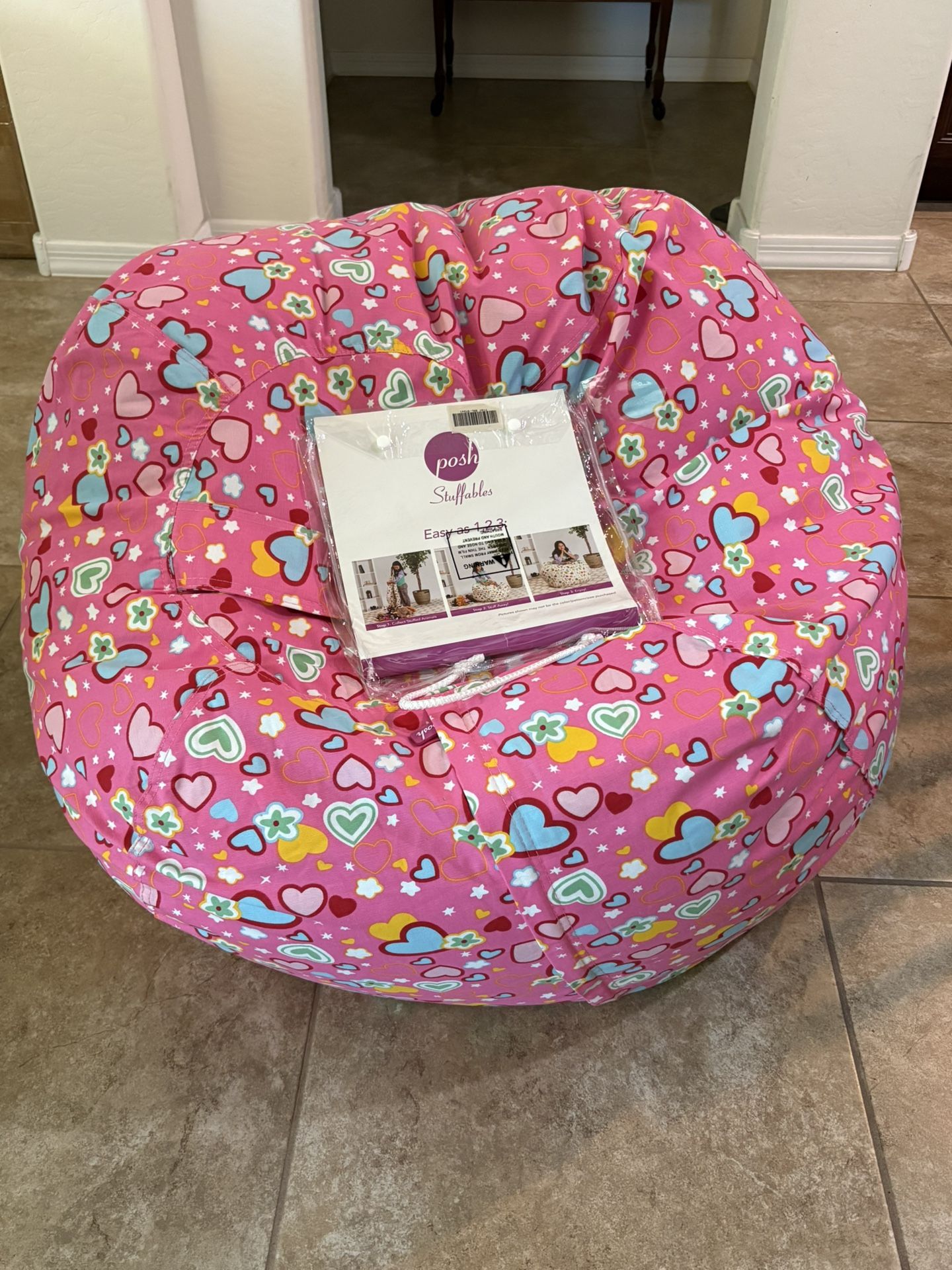 Bean Bag Chair for Kids, Teens, and Adults Includes Removable and Machine Washable Cover, Canvas Multi-Colored Hearts on Pink, 48in - X-Large