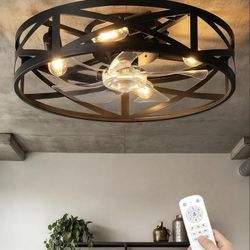 20" Farmhouse Flush Mount Ceiling Fan with Lights and Remote, Low Profile Caged Ceiling Fan Fandelier, 6 Speeds, Timer, Reversible DC Motor, Bladeless