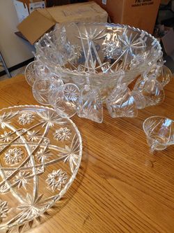 Vintage Punch Bowl with glass tray and glasses