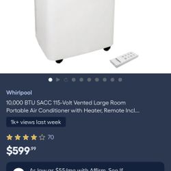 NEW! Whirlpool 10,000 BTU up to 700 sq ft Portable Air Conditioner with Heater