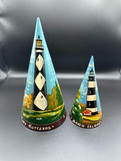 Vintage Russian Hand Painted Wooden Cone Lighthouses Outer Banks NC Signed '99