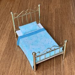 American Girl Brass Doll Bed with Handmade Bedding & Reversible Blanket 