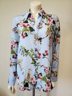 L'AGENCE- Blue Nina Cheetah & Floral Print Silk Blouse