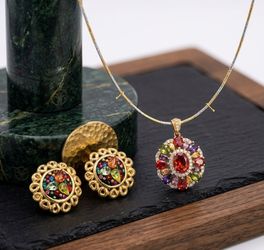 Gold-Tone Multicolor Rhinestone Necklace and Clip-On Earrings Set