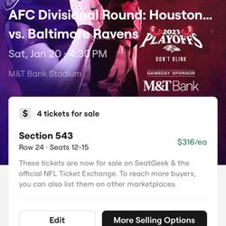 Ravens vs Texans Divisional Playoff Game (4 Tickets 