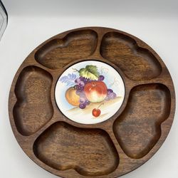 Vintage Ceramic Tile Lazy Susan Cheese & Appetizer Board Wood 