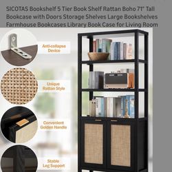 SICOTAS Bookshelf 5 Tier Book Shelf Rattan Boho 71" Tall 