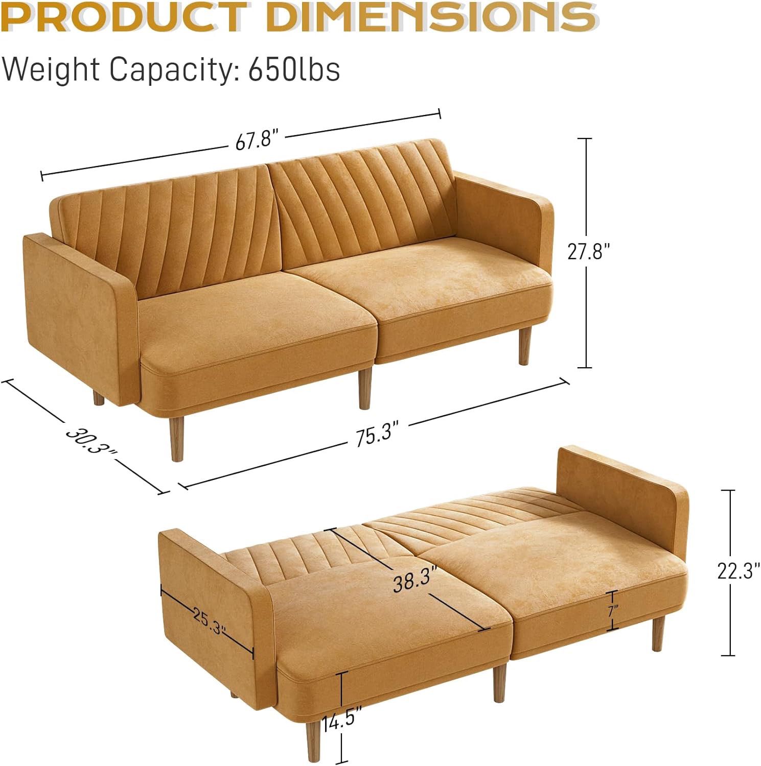 Futon Sofa Bed, Convertible Sleeper Sofa with Wood Legs, 75.3" Splitback Sofa with 2 Pillows, Velvet Futon Couch for Living Room (Ginger)