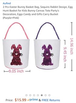 2 Pcs Easter Bunny Basket Bag, Sequins Rabbit Design