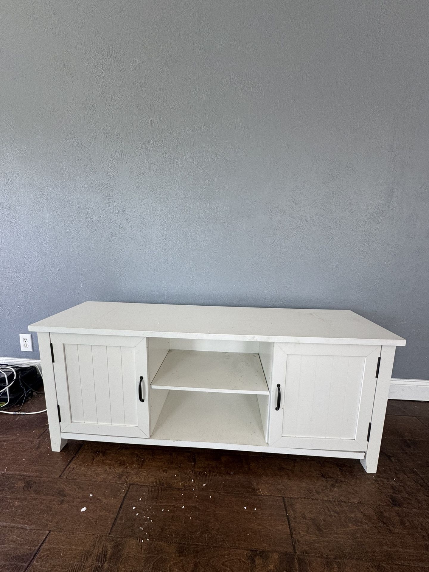 White Wood Table w/side cabinets and lower shelf