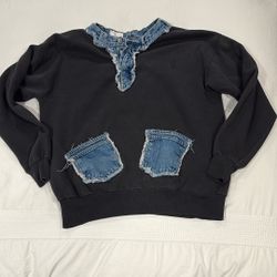 Black Cotton Sweatshirt With Denim Patch Work. Collar And Pockets. Size L 