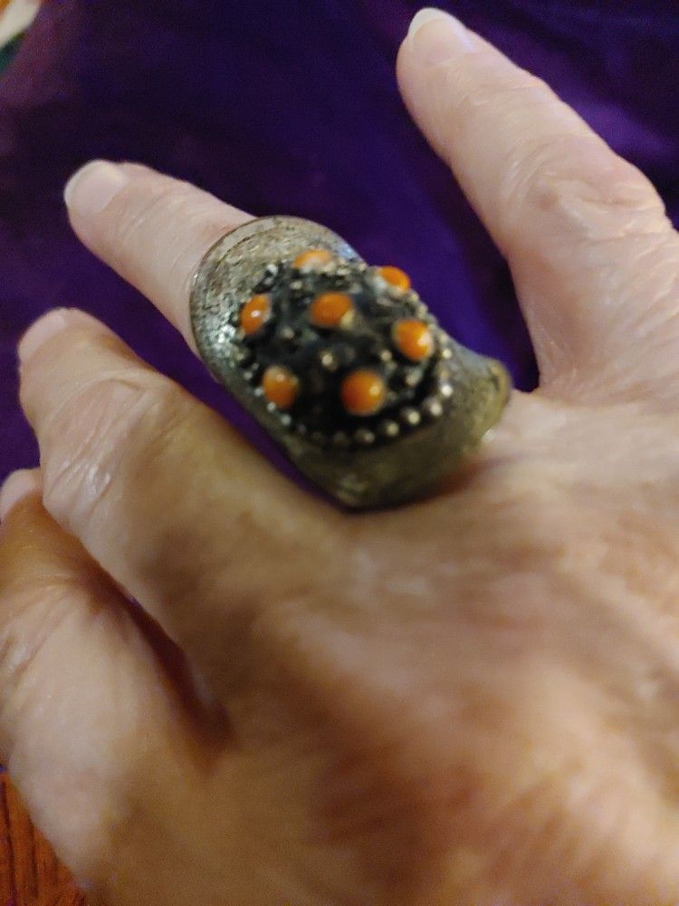 Coral In Hammered metal Ring
