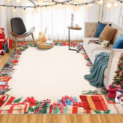 Christmas 4x6 Gifts Washable Area Rug,Christmas Decorations Non Slip&Non-Shedding Rugs for Bedroom,Low Pile Throw Carpet for Living Room Nursery Dorm
