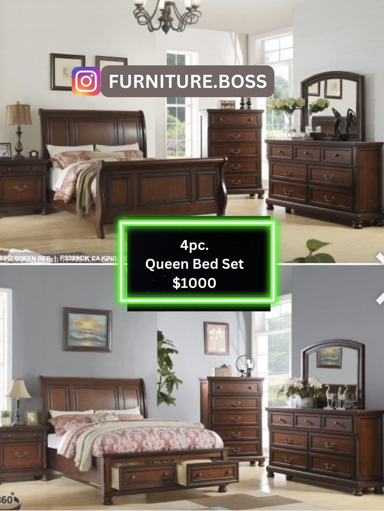 King Size Bed Set - ((4pc Bed Dresser Mirror Nightstand))