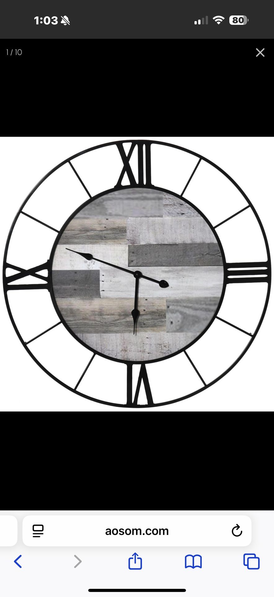 HOMCOM 32 Inch Large Wall Clock, Silent Non Ticking Metal Farmhouse Roman Numeral Clocks for Living Room Decor, Battery Operated, Black and Wood Grain