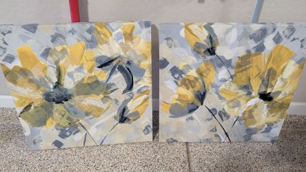 Yellow and Gray Floral Canvas Wall Art Set of 2