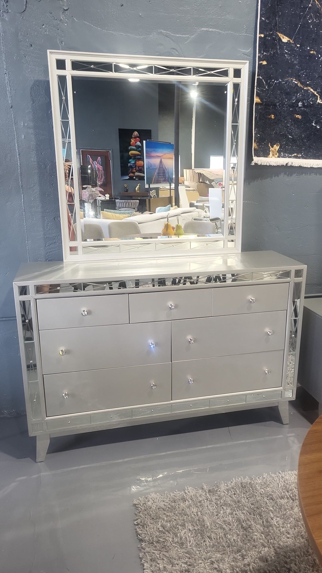 3 PIECE DRESSER NIGHTSTAND MIRROR GRAY MIRRIR EDGE