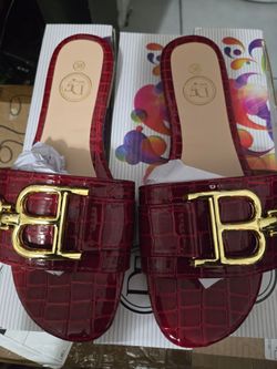 Red Slide Sandals with Pearl Gold Emblem