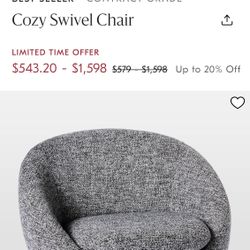 GREY/BLACK & WHITE WEST ELM COZY SWIVEL CHAIR SMOKE FREE HOME