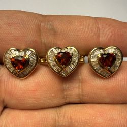 Real 14k Yellow Gold Heart Ring Size 10 & Earrings Set Natural Diamonds Baguette Red Center Stone