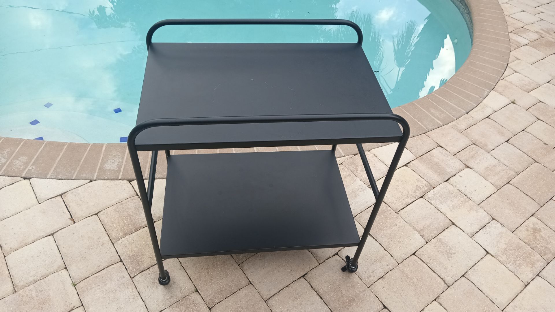 Small multi purpose 2 tiered shelves black metal utility cart with 4 caster wheels