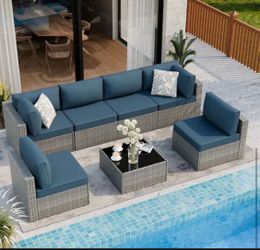 7-Piece Wicker Outdoor Sectional Sofa Set with Blue Cushions  (HN)