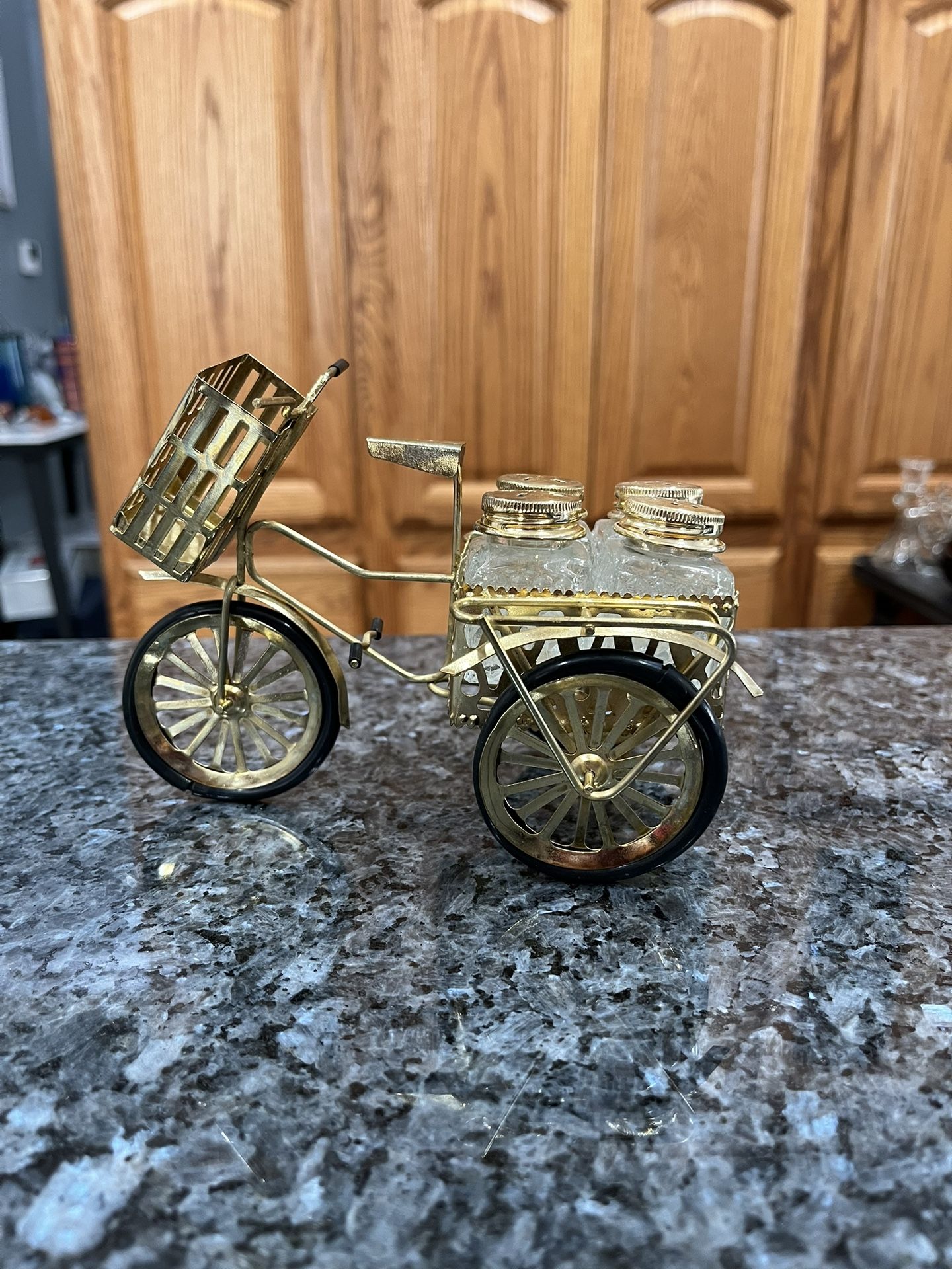 Vintage Miniature Bicycle Condiment Holder and Pair of Salt and Pepper Shakers and Toothpick Holder. Cute table decoration. Preowned.
