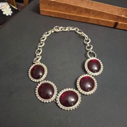 Deep Red Large Polished Cabochon Stone Silvertone Statement Necklace, 18.5" With Toggle Clasp