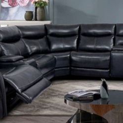 Brand New Dark Navy Blue Top Grain Leather Power Reclining Sectional Sofa 