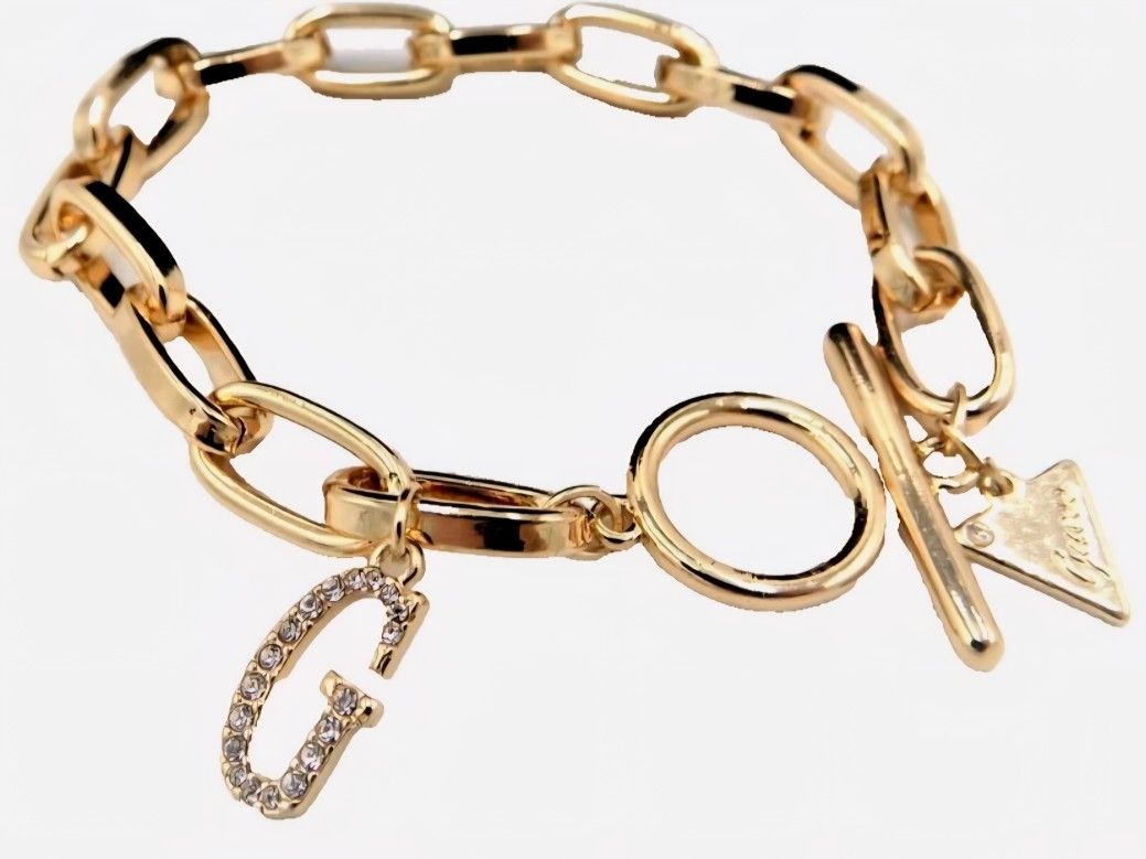 Guess Gold Tone Link Toggle Bracelet with Crystal G