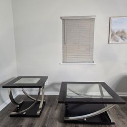 Pair of Standard Furniture Contemporary Square Glass Top Side Tables with curve metal base