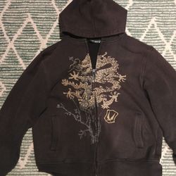 Brown Zip-up Hoodie With Dragon 