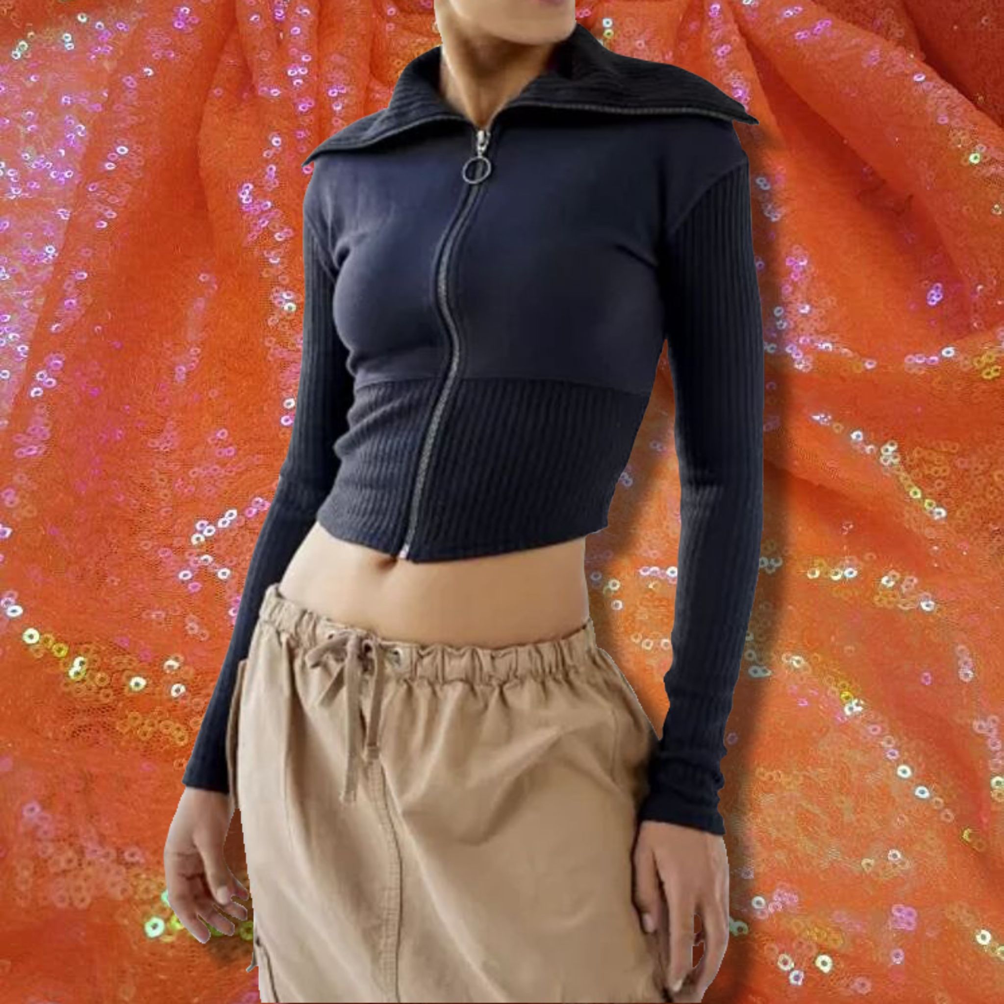 Urban outfitters bdg haywood black funnel neck ribbed long sleeve zip jacket