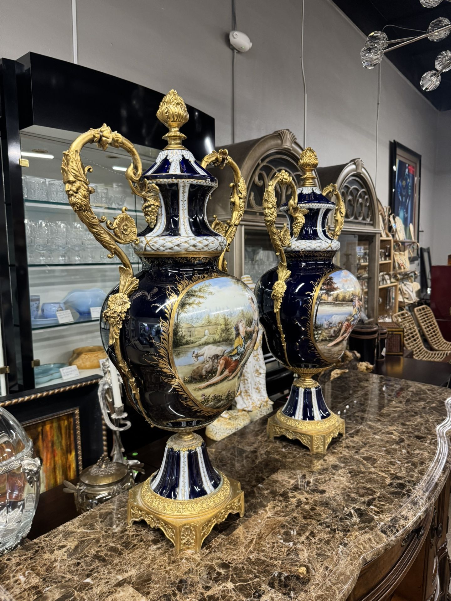PAIR XL French  Sevres Style Porcelain Bronze Dragon Vases Romantic Scene “Rare” 32” Tall - Excellent Condition - Retail: $4100