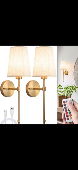 Gold Battery Operated Wall Sconces Set of 2 - Rechargeable Wall Lights with Remote, No Wiring