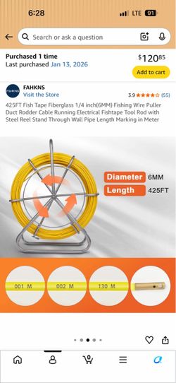 425FT Fish Tape Fiberglass 1/4 inch(6MM) Fishing Wire Puller Duct Rodder Cable Running Electrical Fishtape Tool Rod with Steel Reel Stand Through Wall