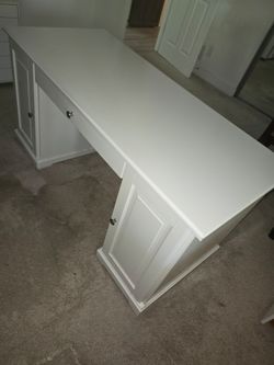 White Wood Desk with Cabinet Storage