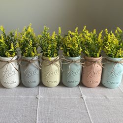 Chalk Painted & Distressed Mason Jar Vases w/faux Flowers Included 6 for $32