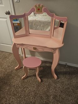 Kids Wooden Princess Vanity with Stool & 3 Mirrors – Pink